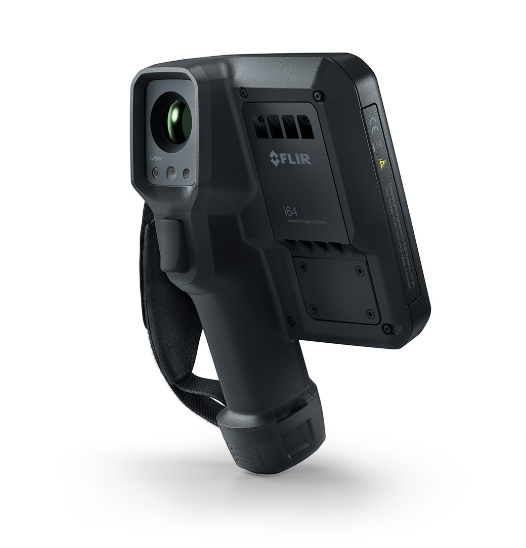 FLIR i64 handheld thermal imaging camera, shown from a rear three-quarter angle with its lens, hand strap and FLIR branding.
