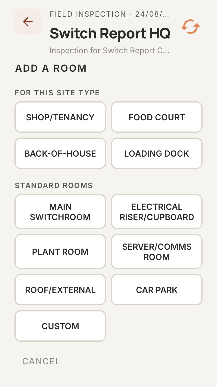 SwitchReport on the FLIR i34: the Add a room screen, with a group headed For this site type offering Shop/Tenancy, Food Court, Back-of-House and Loading Dock, above a Standard rooms group offering Main Switchroom, Electrical Riser, Plant Room, Server/Comms Room, Roof/External, Car Park and Custom.