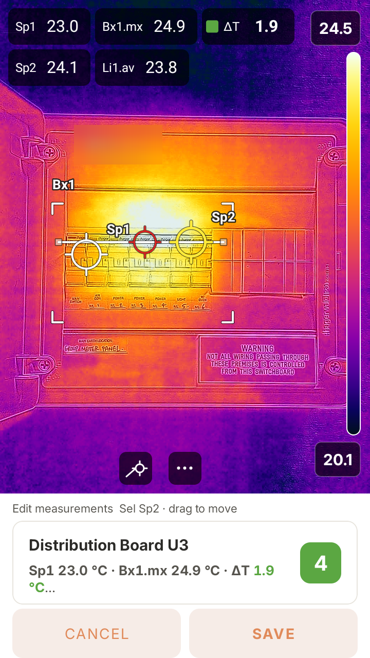 SwitchReport's editor: a reference-spot marker being dragged clips precisely onto the hot spot, part of a line-based ΔT measurement whose live average updates as you edit.