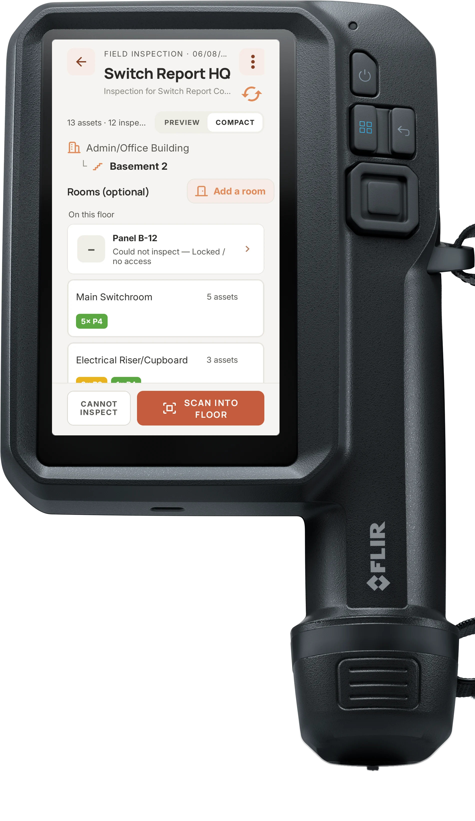 A FLIR i34 thermal camera with SwitchReport open on its screen, showing a site's rooms, board counts and priority counts.