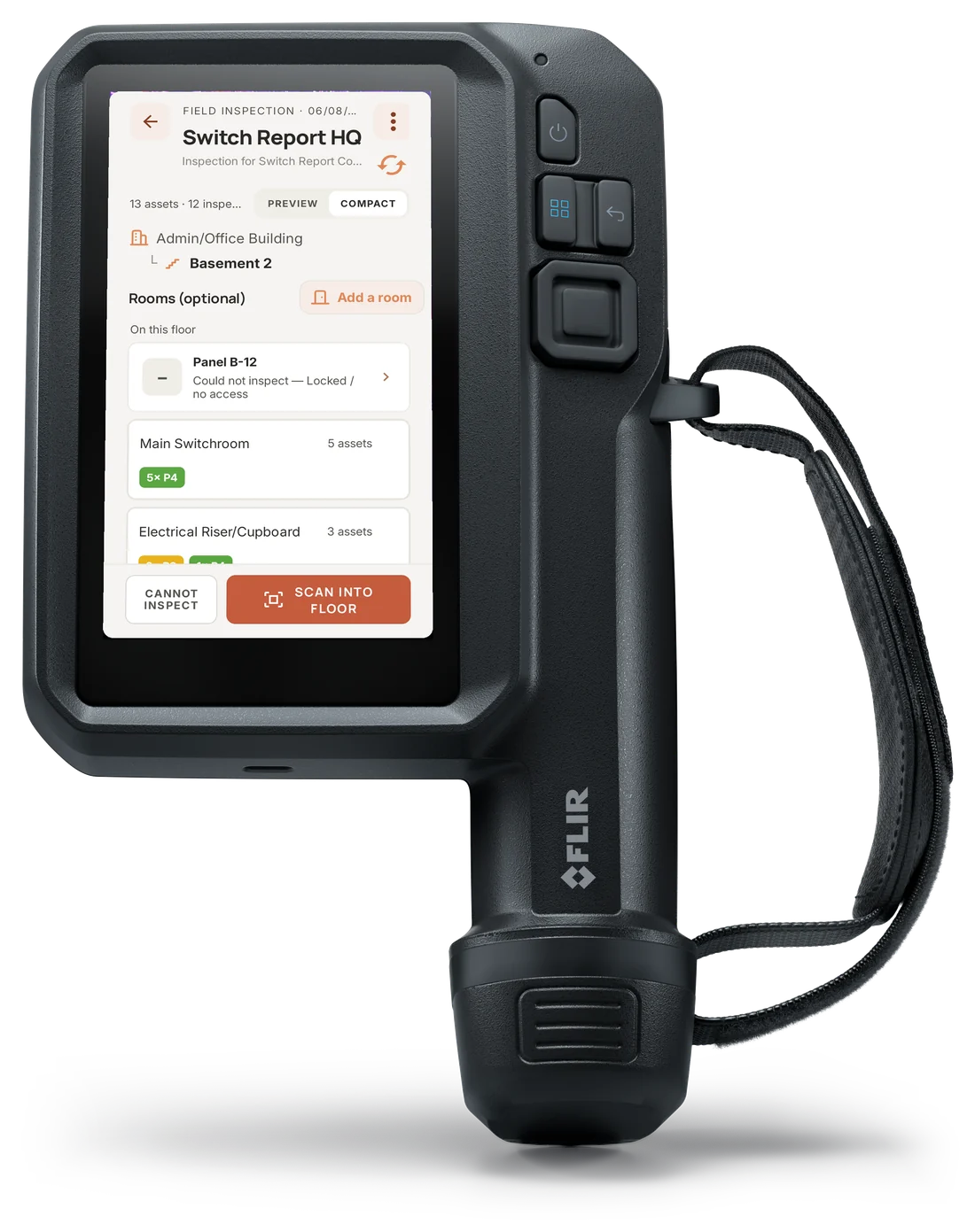 A FLIR i34 thermal camera with SwitchReport open on its screen, showing a site's rooms, board counts and priority counts.