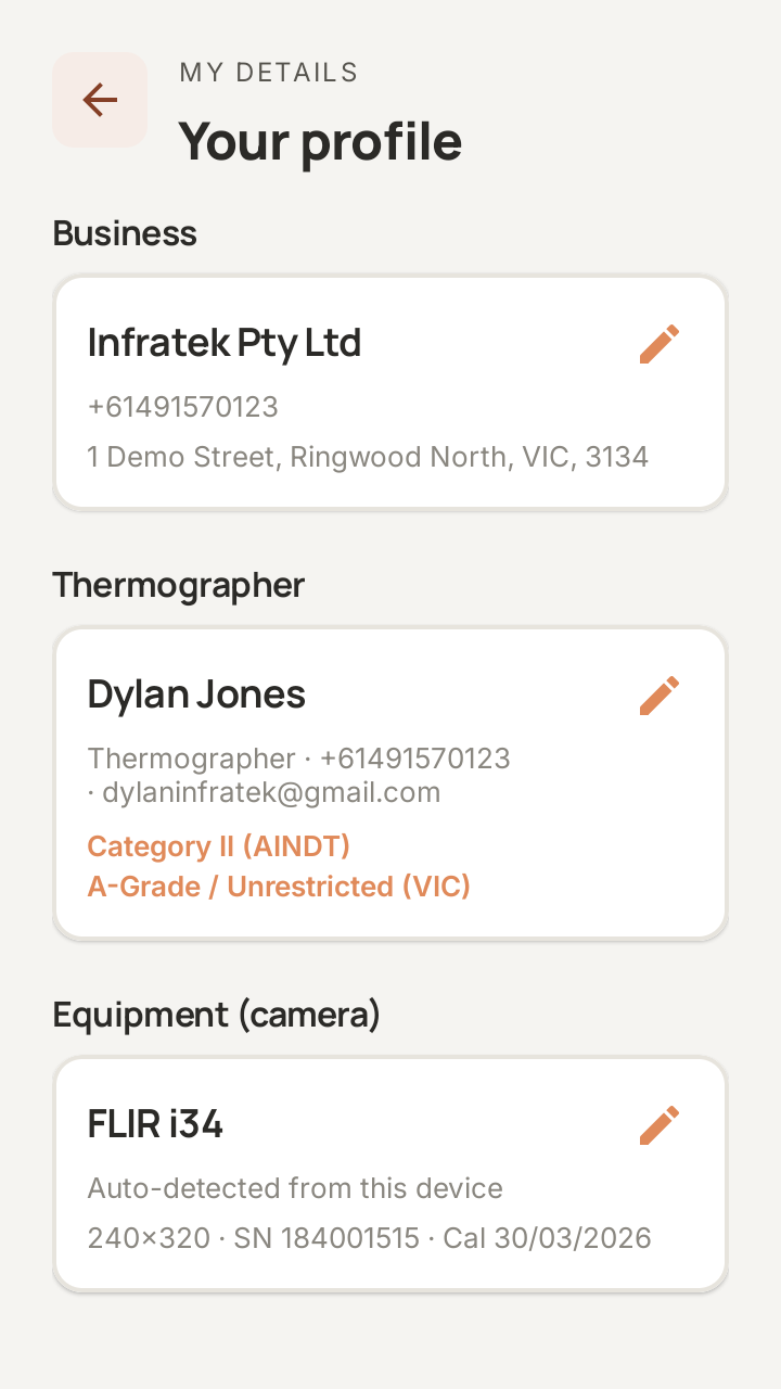 SwitchReport on the FLIR i34: the Your profile screen, with the business name, phone and address, the thermographer's name with a Category II (AINDT) certification and an A-Grade electrical licence, and the camera card showing the auto-detected FLIR i34 and its serial number, with the calibration date below.