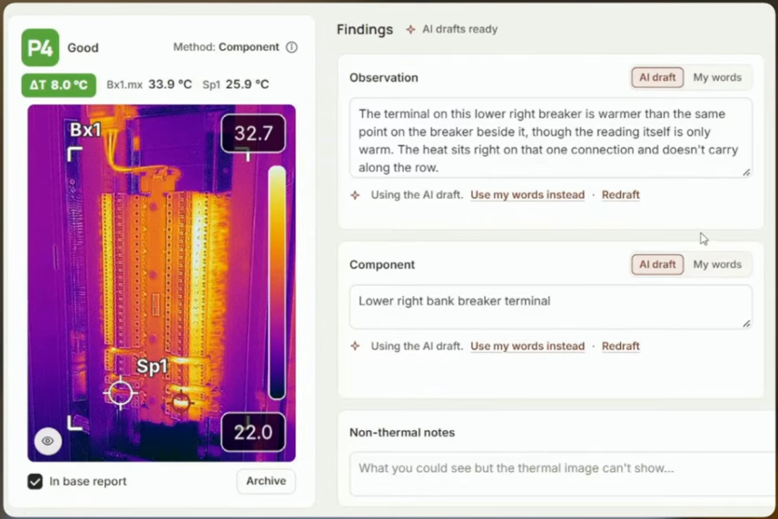 SwitchReport in the browser: a priority 4 Good finding with its thermal image of a lighting board, beside the Findings panel showing AI drafts ready for the observation and the component, each with a choice between the AI draft and your own words.