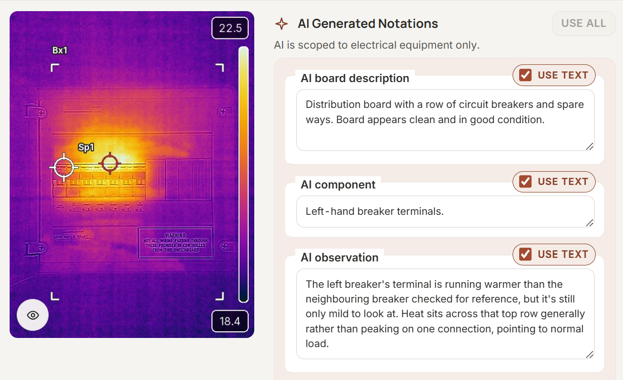 SwitchReport in the browser: a thermal image of a switchboard beside the AI Generated Notations panel, holding a drafted board description, a drafted component identification reading left-hand breaker terminals, and a drafted thermal observation, each ticked USE TEXT.